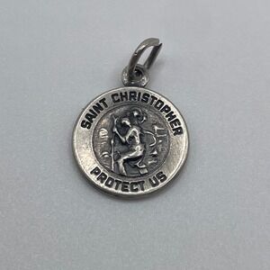 Saint Christopher Protect Us Sterling Silver .925 Vintage Medal Pendant Charm